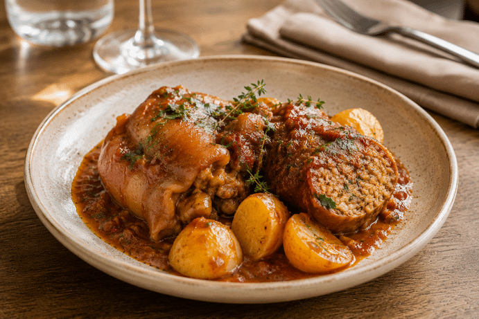 Pieds et paquets à la Marseillaise servi avec des pomme de terre fondantes