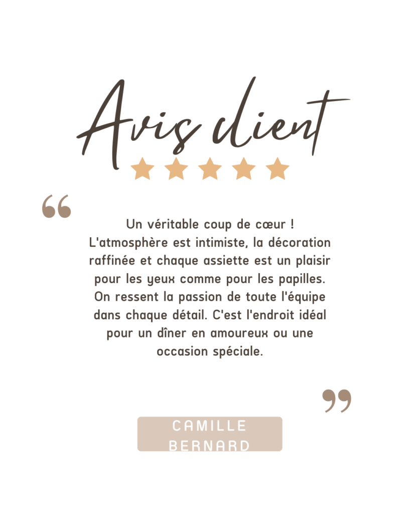 Avis client de Camille Bernard, 5 étoiles, design établi avec Canva.