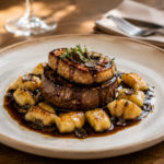 Tournedos de boeuf façon rossini avec son jus corsé accompagné de gnocchis. rossini : foie gras poelé