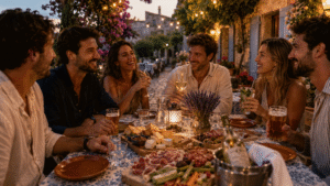 Quatre hommes et deux femme autour d'une table sur la terrasse de la bonne nuit avec des mets sur la tables ainsi que des verres de vin et de bière - Galerie