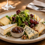 assiette d'assortiments de fromages accompagné de salade verte et compotée de figues
