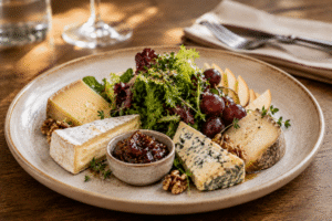 Assiette de morceaux de divers fromages, salade verte au centre et confiture de figues