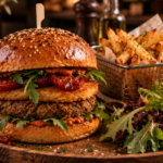 burger vegan, avec steak de soja, galette de pommes de terre, tomates confites, sauce accompagné de frites et salade verte