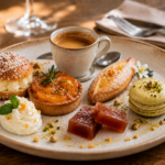 café gourmand avec expresso, tropézienne, macaron, tartelette abricot romarin, pâte de coing, navette, crème chantilly