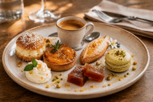 Café gourmand avec navette provençale, macaron pistache/huile d'olive, tartelette abricot/romarin, pâte de coing, tropézienne