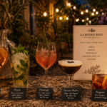 présentation de cocktails de gauche à droite, spritz, mojito, provençal, expresso martini, negroni