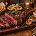 côte de boeuf 2kg, accompagné de frites, de gnocchis et de sauces maisons. présenter sur une planche en bois