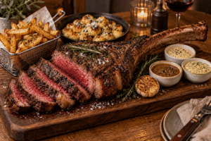 Tomahawk de bœuf à partager, cuisson saignante, présenter sur une planche accompagné de frites et gnocchis, 3 sauces maison et ail rôti