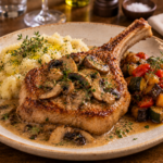 côte de veau sauce aux cèpes accompagné d'un écrasé de pommes de terre et ratatouille