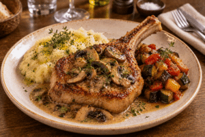Côte de veau avec os aux cèpe et sauce aux cèpes, accompagné de pommes de terre et d'une ratatouille