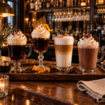 présentation d'un irish coffee, un latte machiato, un french coffee et un chocolat chaud, présenté sur un plateau sur un comptoir