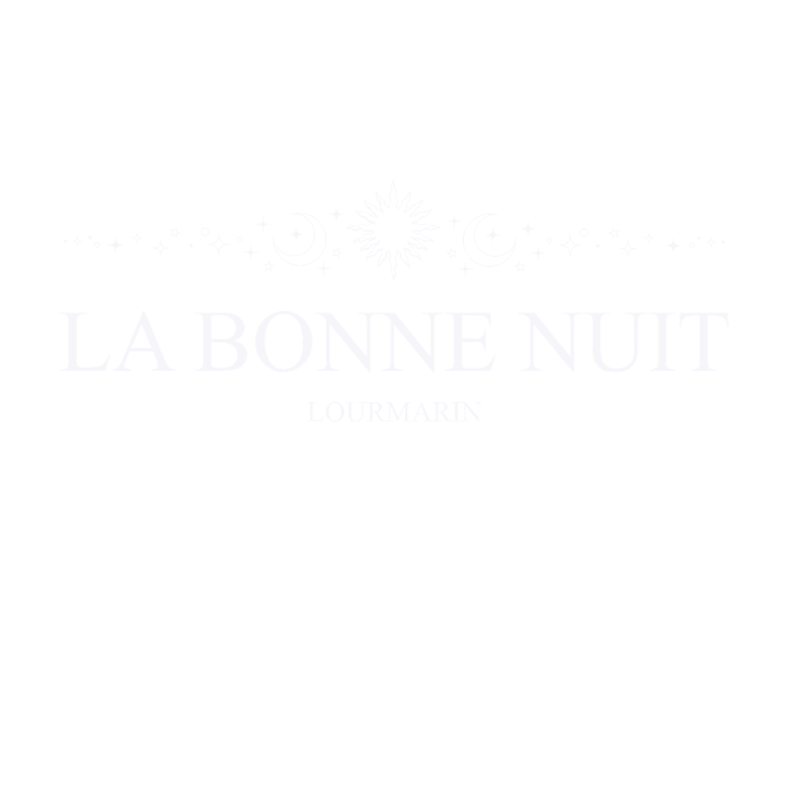 logo de la bonne nuit, en haut : éléments d'un soleil, de deux lunes et d'étoiles, en dessous : "lourmarin" - logo avec écriture #FFFFFF et fond transparent