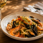 linguines de la mer avec des gambas, des crevettes, des moules, aromatisé aux épices, persil et romarin