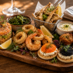 planche de la mer avec assortiment de fritures de poissons, blinis, tartare de saumon et sauce