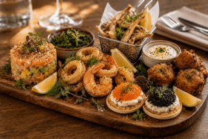 Planche apéritive sur le thème de la mer avec des blinis, des calamars frits, du tartare de saumon/avocat, de la friture de poissons avec de la sauce aïoli et une salade de wakamé.