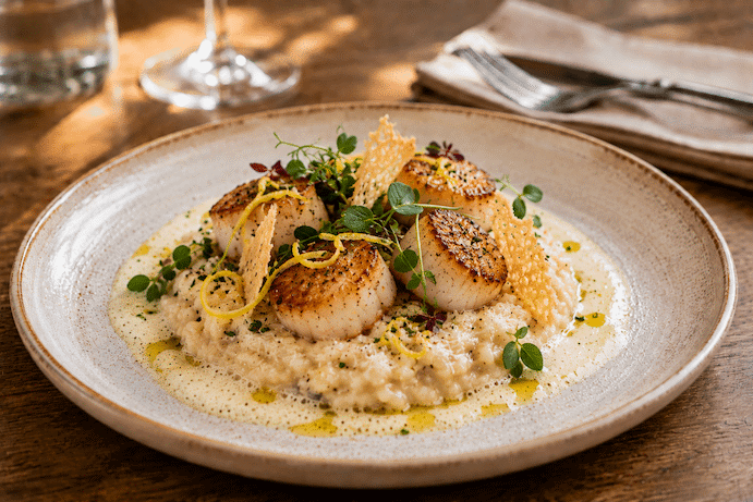 Risotto de saint jacques avec des tuile de parmesan