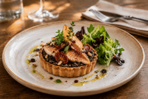 Tarte au rouget et à la tapenade noire accompagné de salade verte.